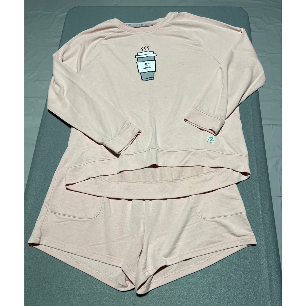 Life is Good Sleep Womens XL Peach Pink Coffee Graphic Pajama Set Shorts Top